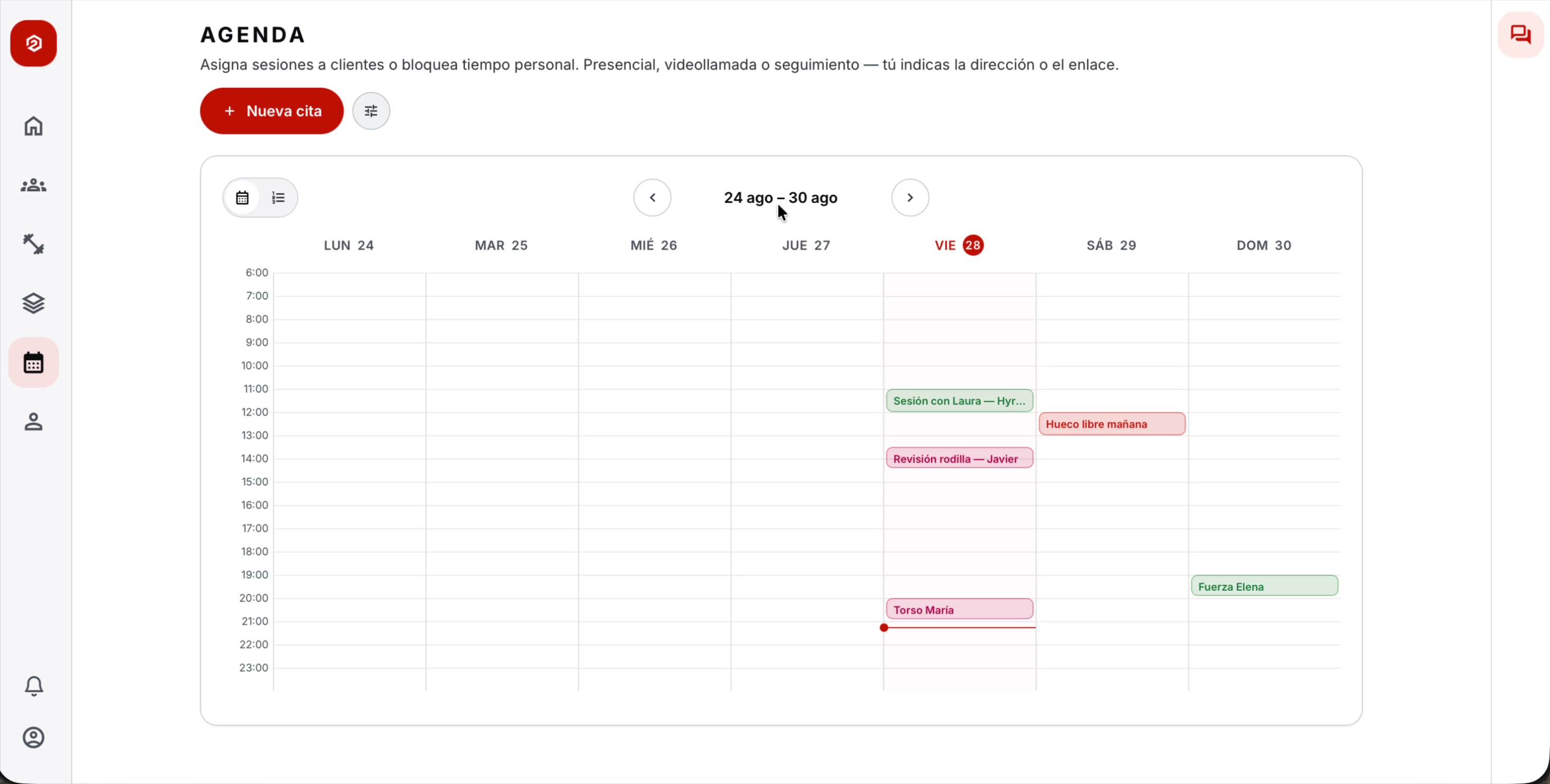 Agenda en vista calendario de la semana