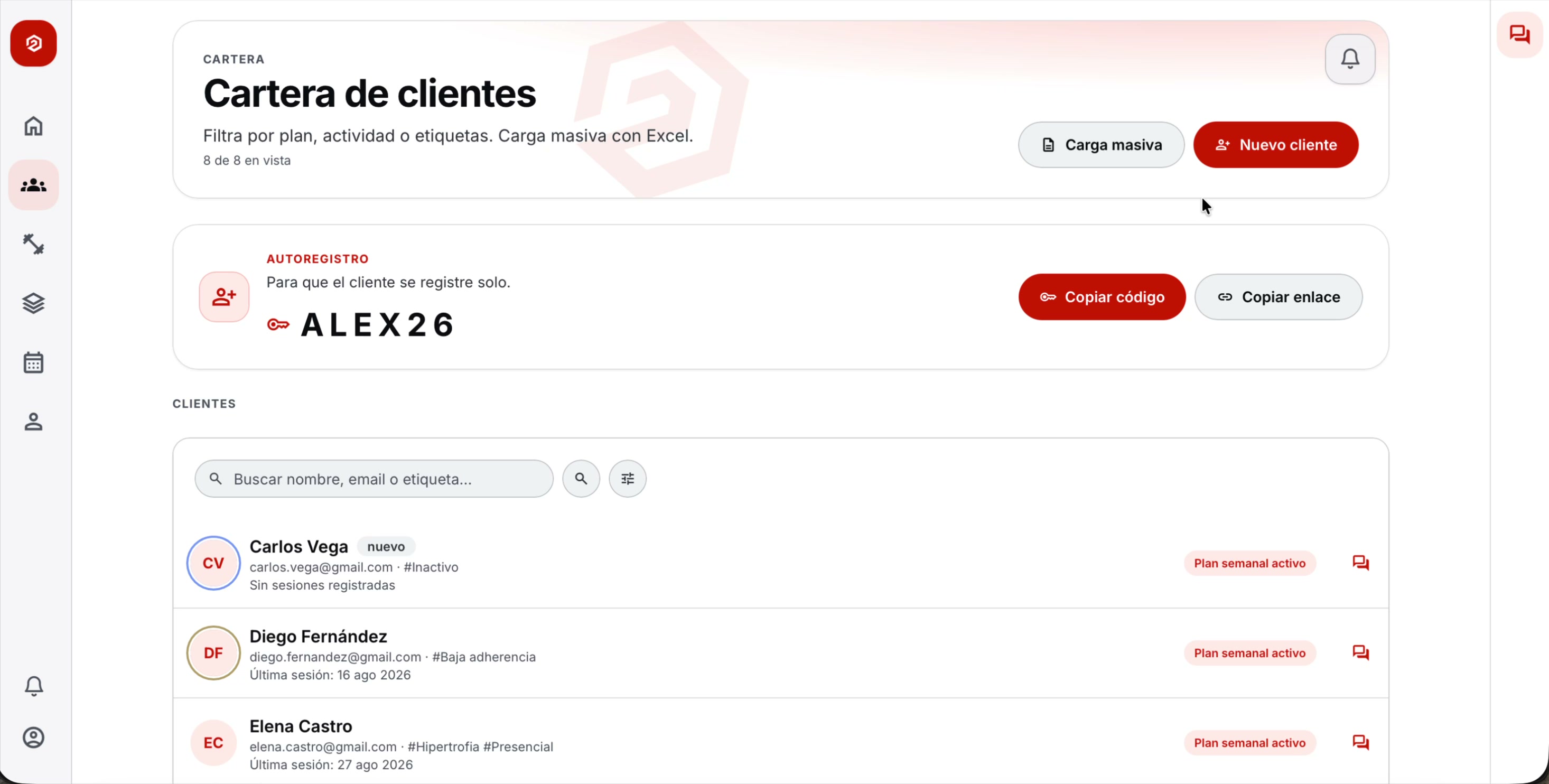 Cartera de clientes: alta, código y listado