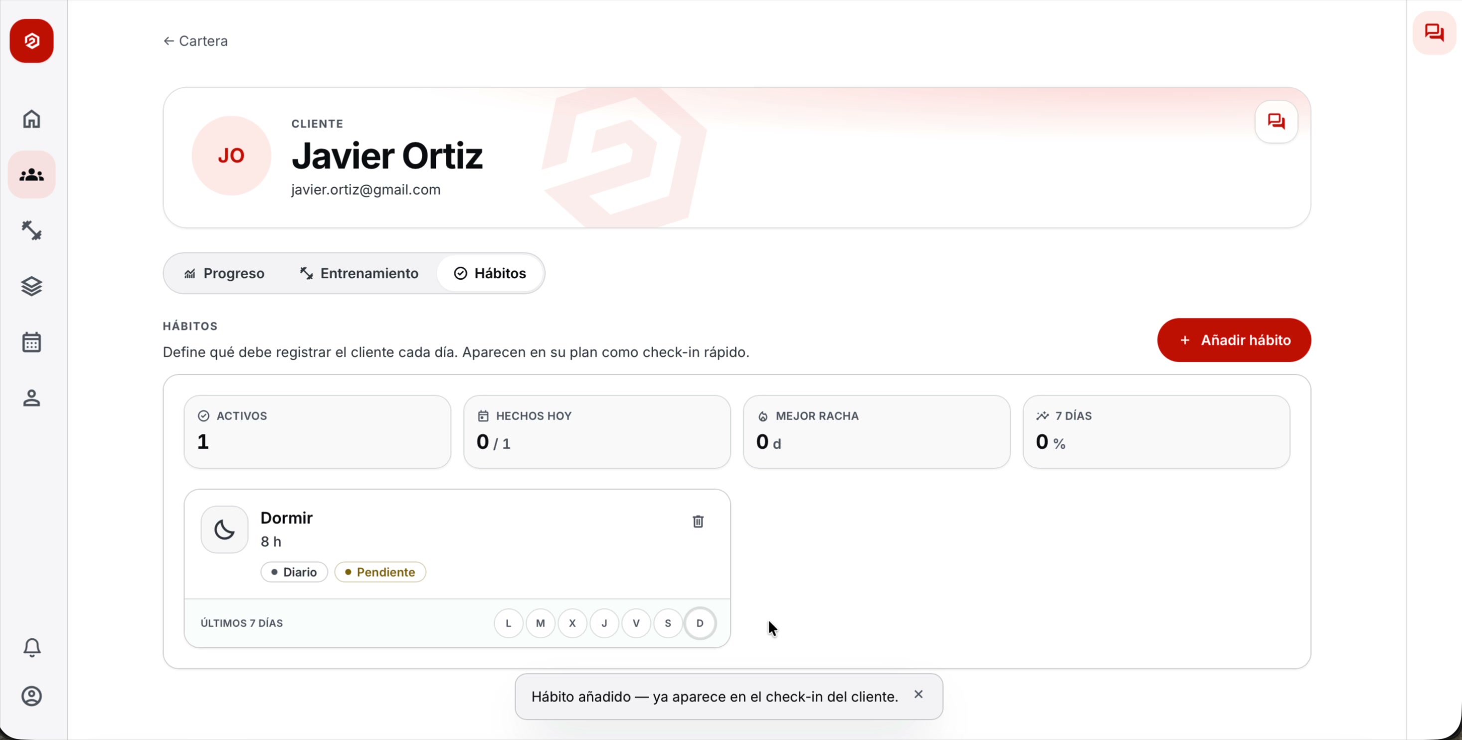 Hábitos del cliente: dormir, frecuencia y racha